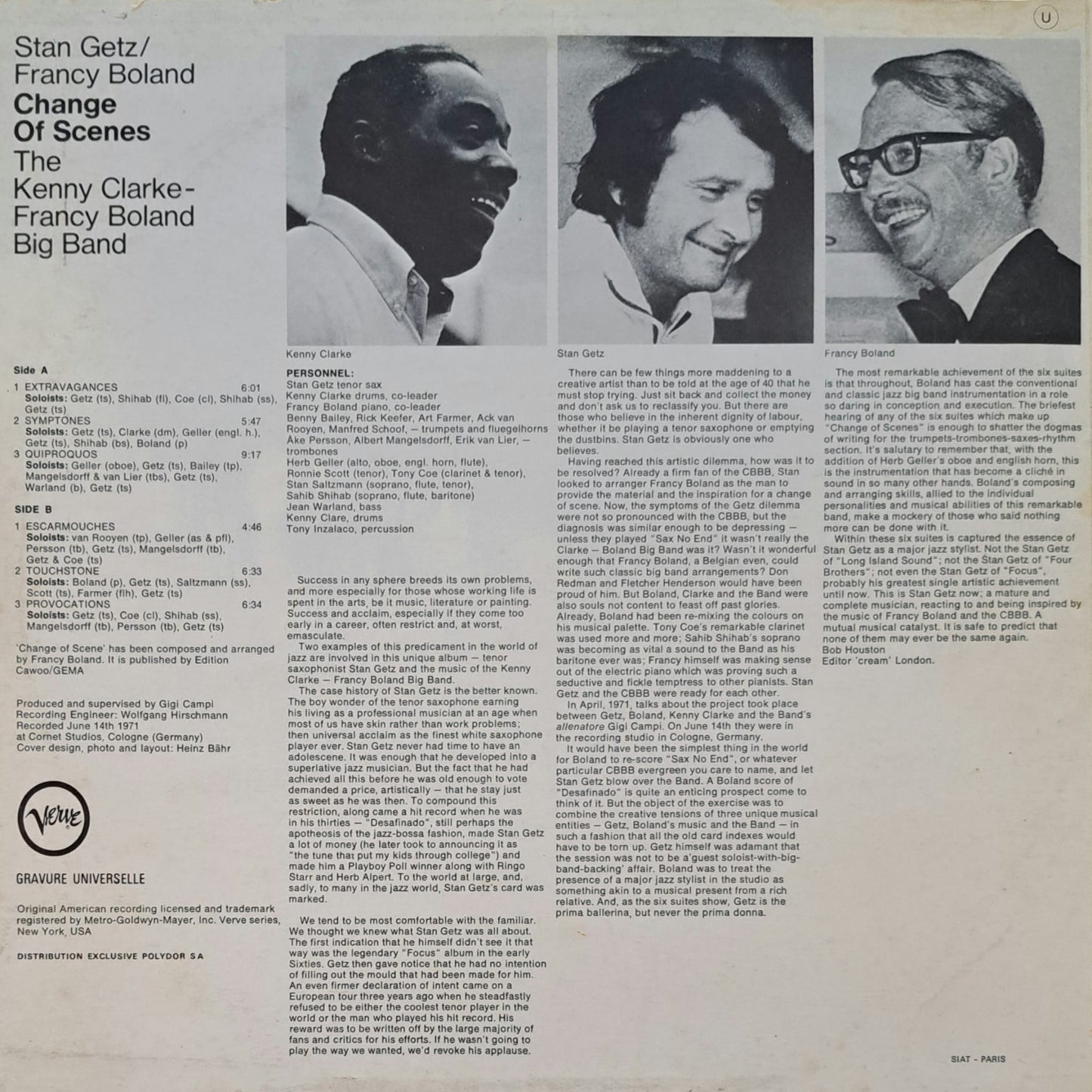 STAN GETZ, FRANCY BOLAND, THE KENNY CLARKE FRANCY BOLAND BIG BAND - Change Of Scenes
