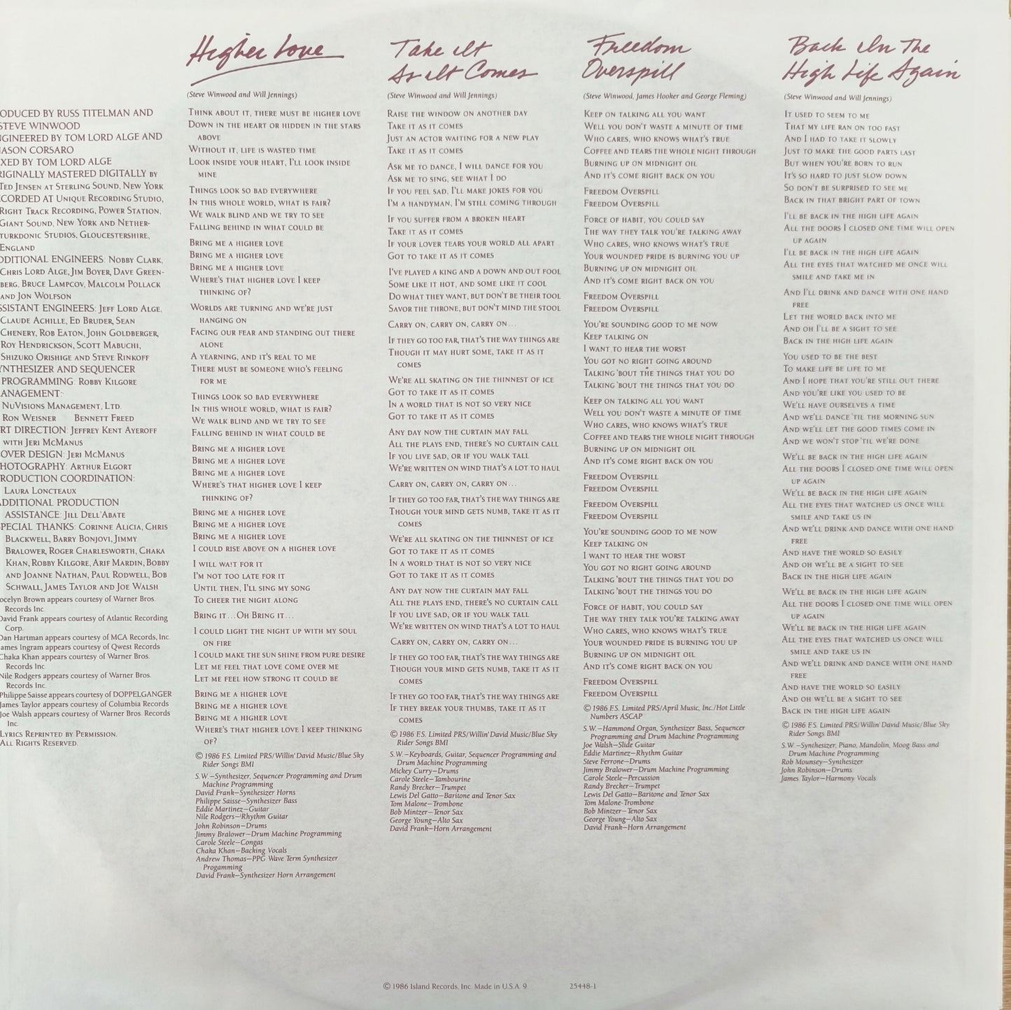 STEVE WINWOOD - Back In The High Life