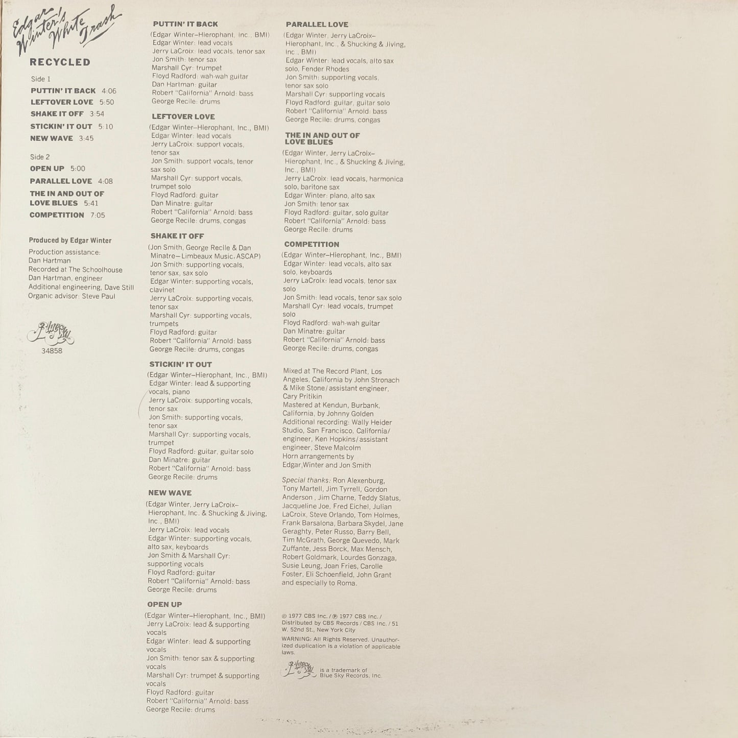 EDGAR WINTER'S WHITE TRASH - Recycled (pressage US)