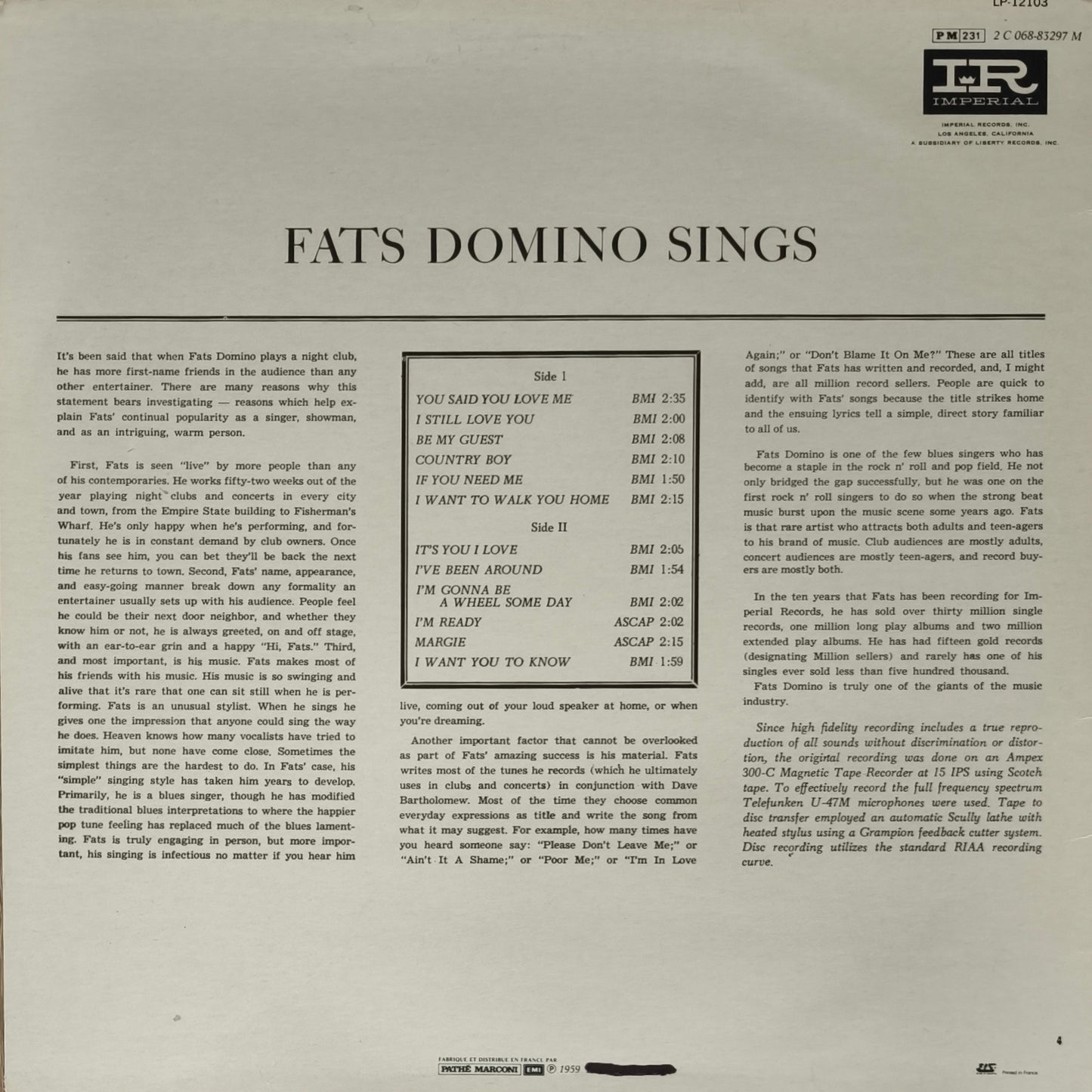 FATS DOMINO - Sings Million Record Hits