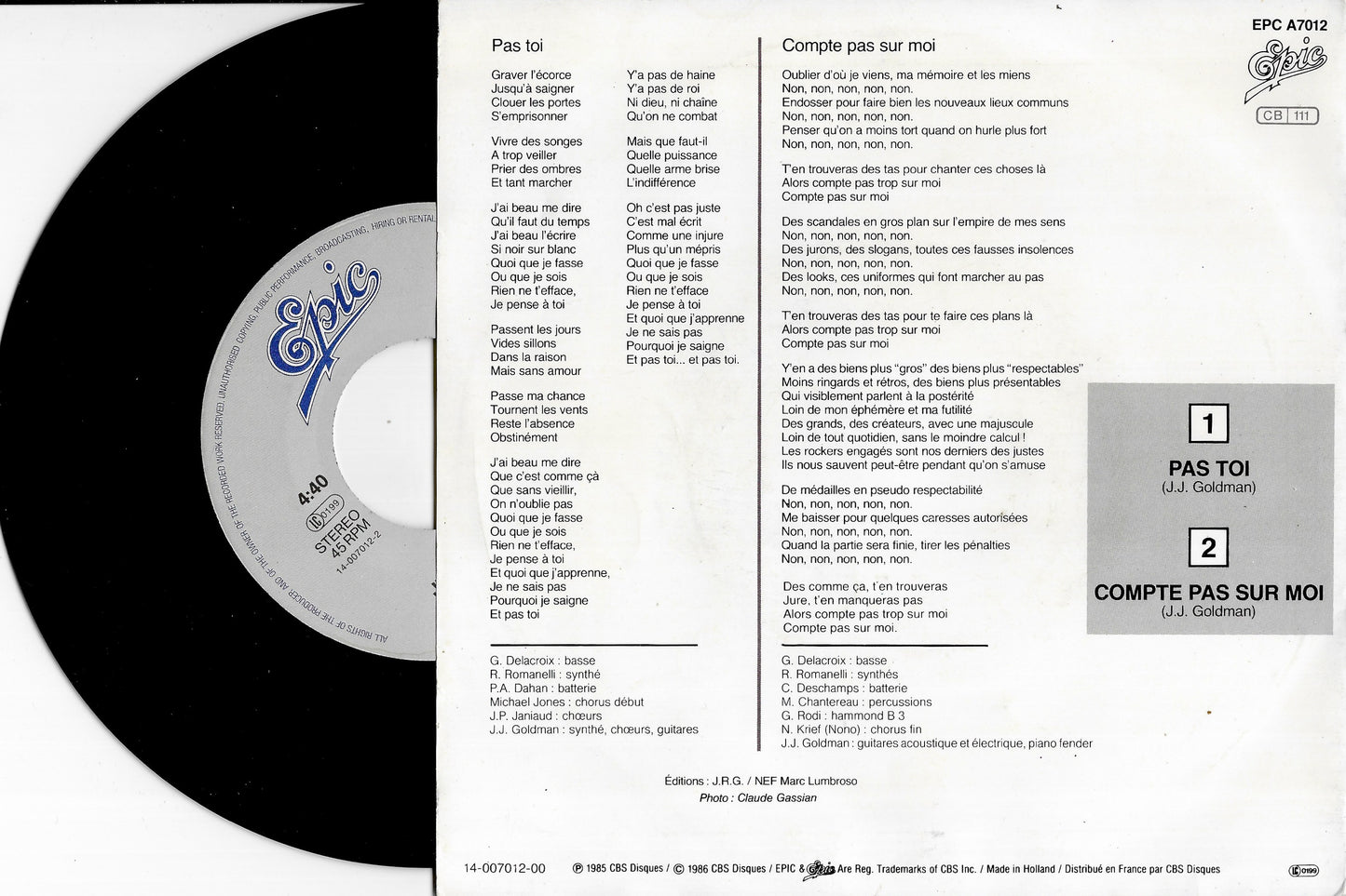 JEAN JACQUES GOLDMAN - Pas Toi