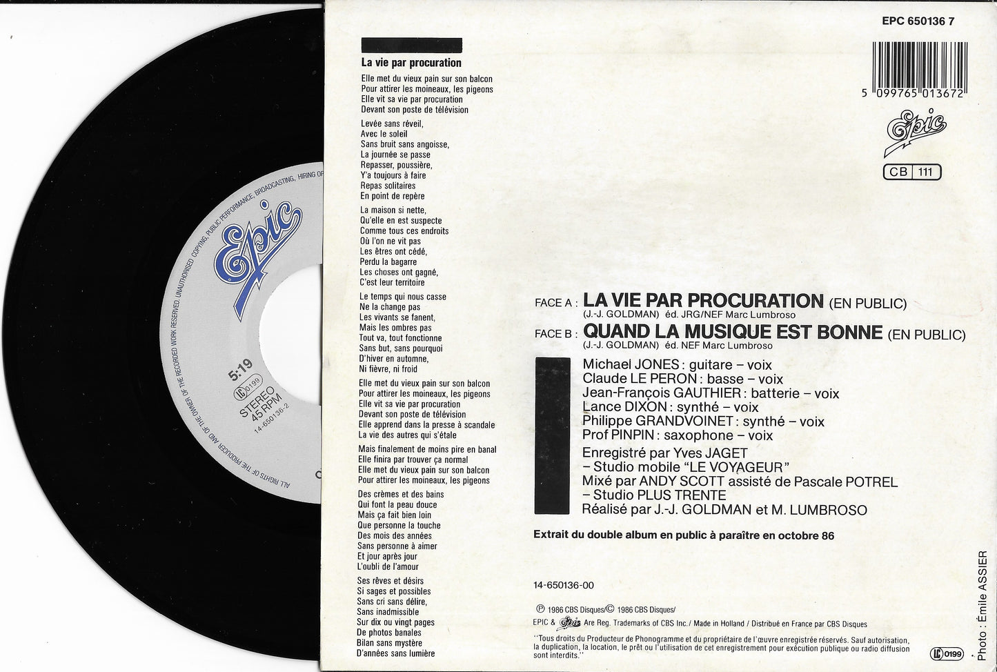 JEAN JACQUES GOLDMAN - La Vie Par Procuration (En Public)
