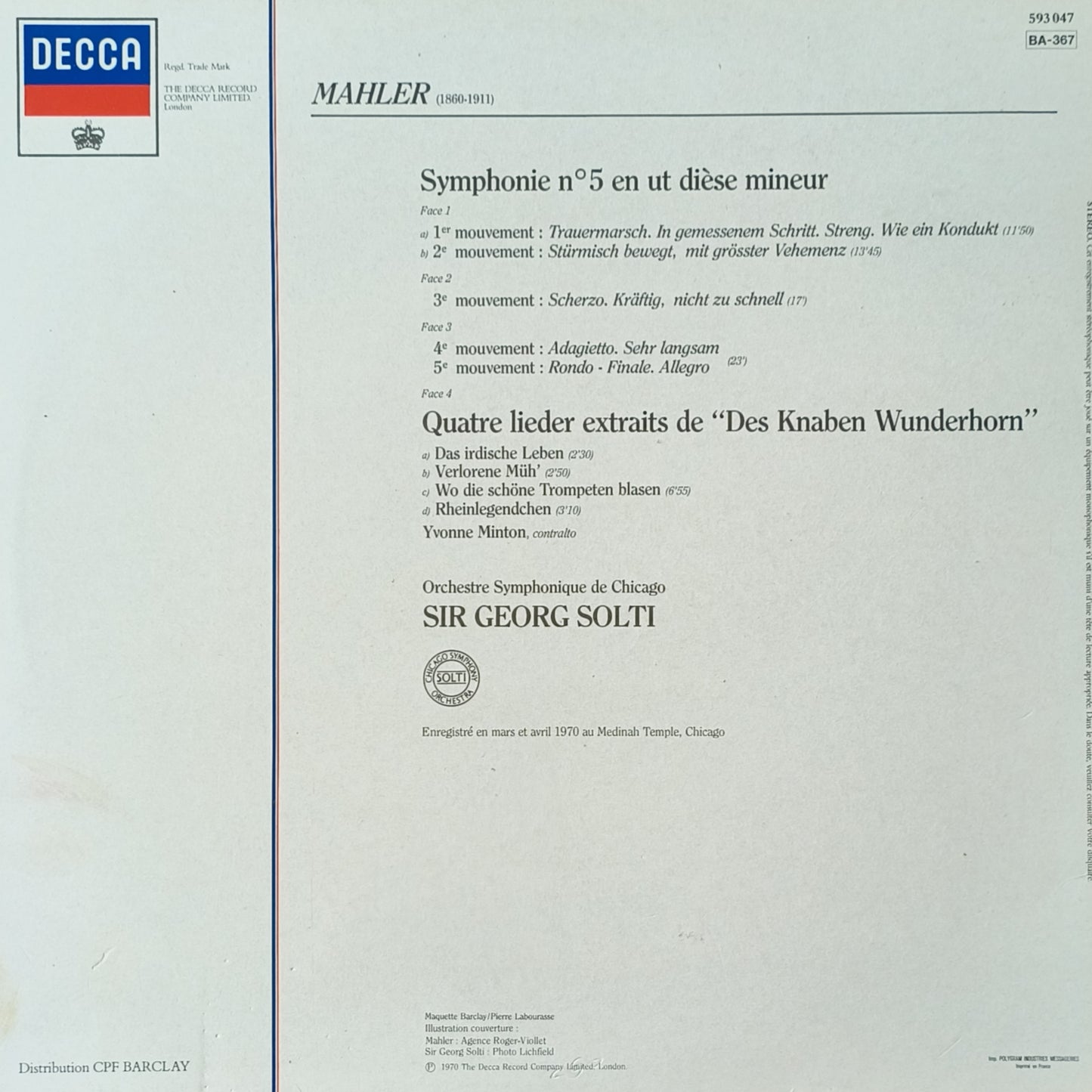 MAHLER, SIR GEORG SOLTI - Symphonie N°5 / Quatre Lieder Extraits De "Des Knaben Wunderhorn"