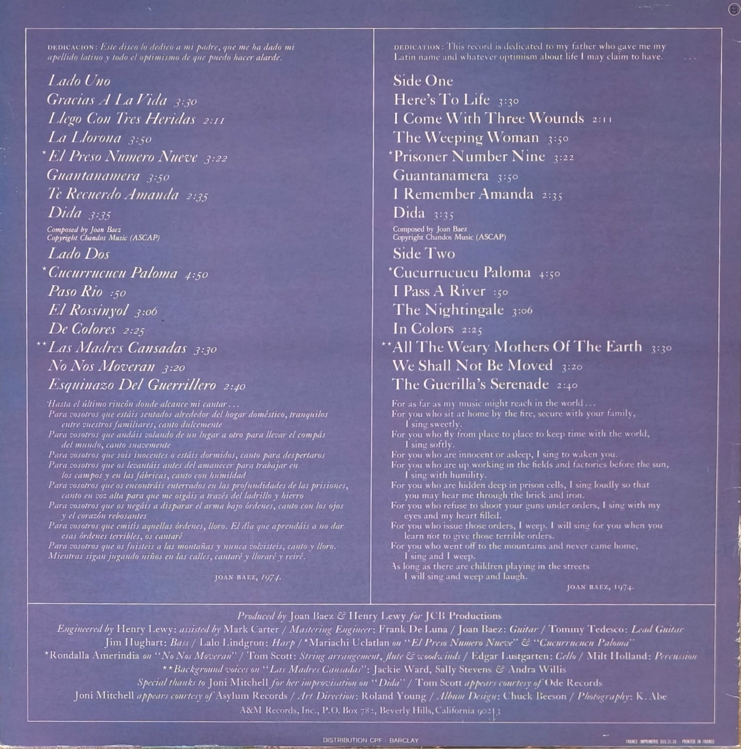 JOAN BAEZ - Gracias A La Vida / Here's To Life