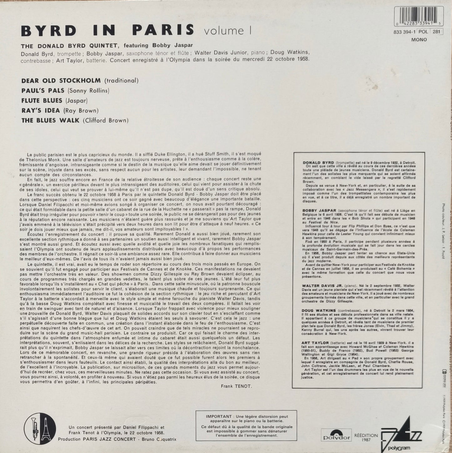 DONALD BYRD - Byrd In Paris Volume I