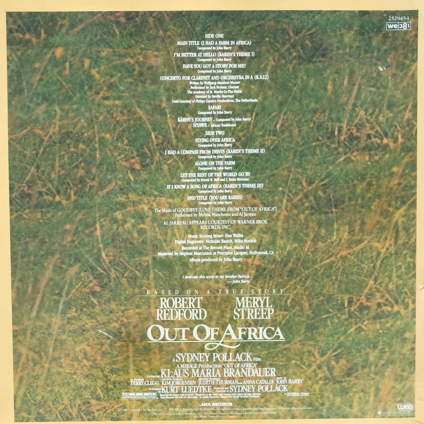 JOHN BARRY - Out Of Africa (Music From The Motion Picture Soundtrack)