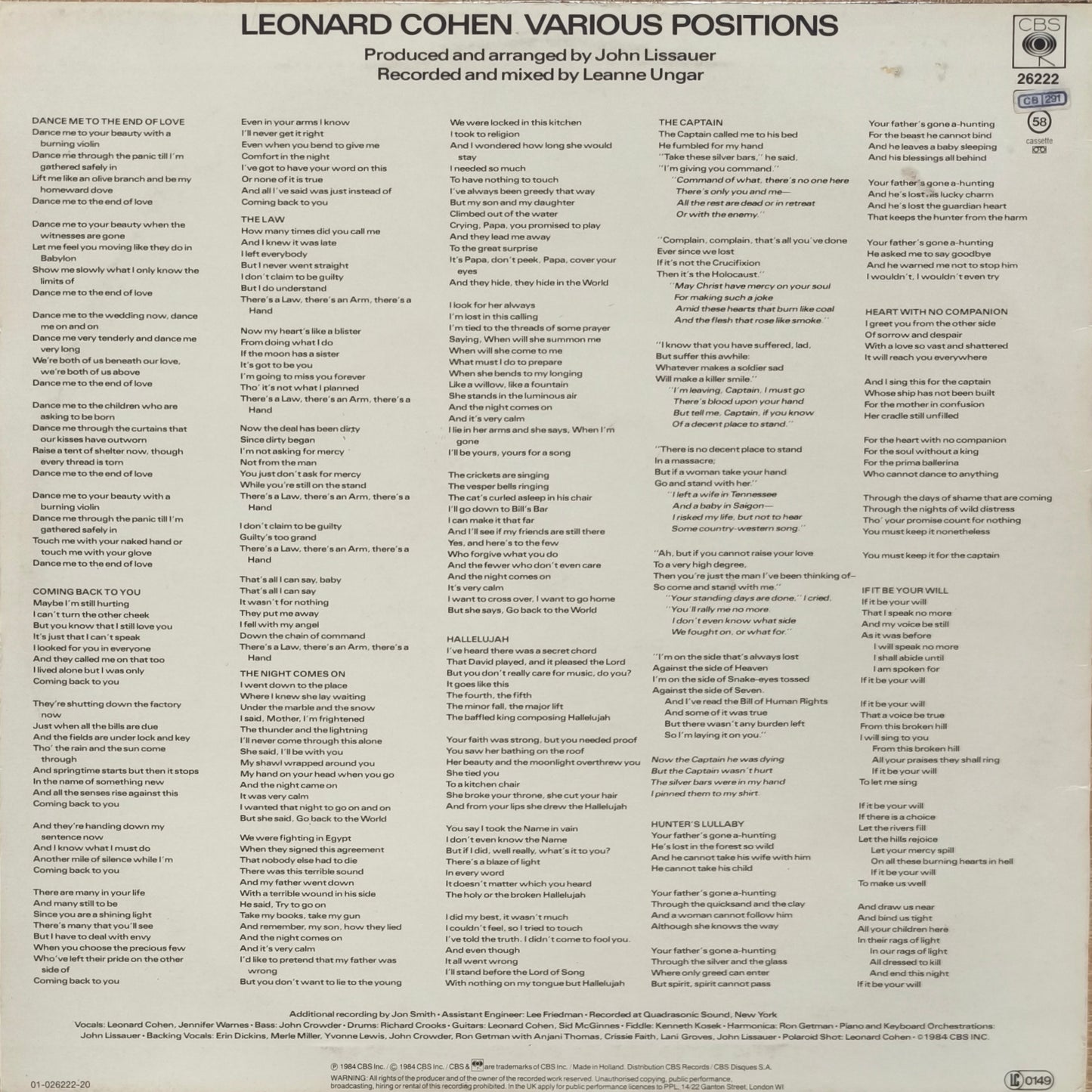 LEONARD COHEN - Various Positions