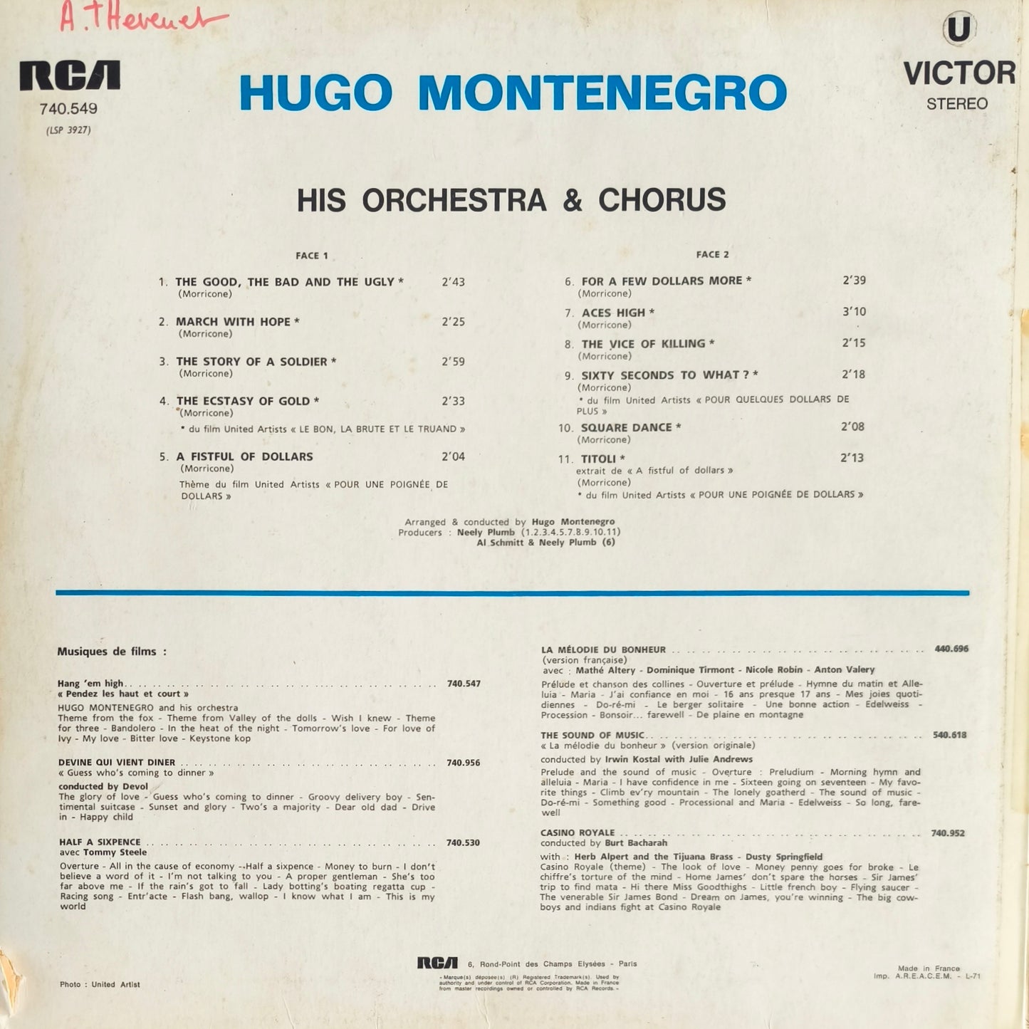 HUGO MONTENEGRO HIS ORCHESTRA & CHORUS - Musiques Originales Des Films United Artists