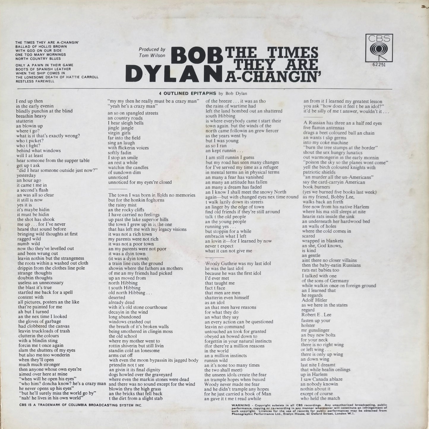 BOB DYLAN - The Times They Are A-Changin' (Pressage UK)