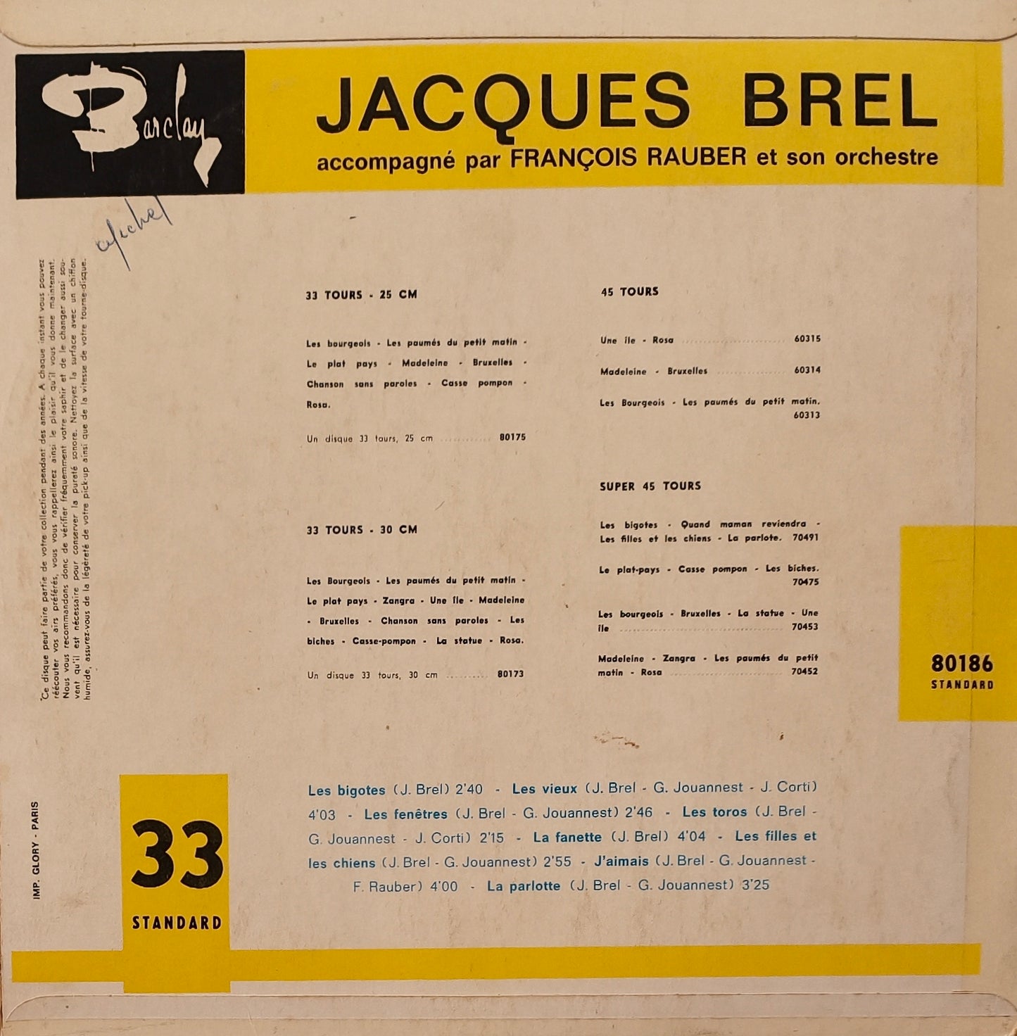 JACQUES BREL - Les Bigotes (Format 10 pouces 25 cm)