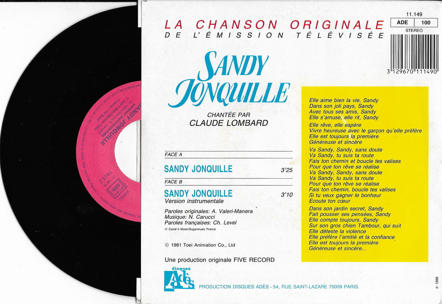 CLAUDE LOMBARD - Sandy Jonquille, La Chanson Originale De L'Emission Télévisée