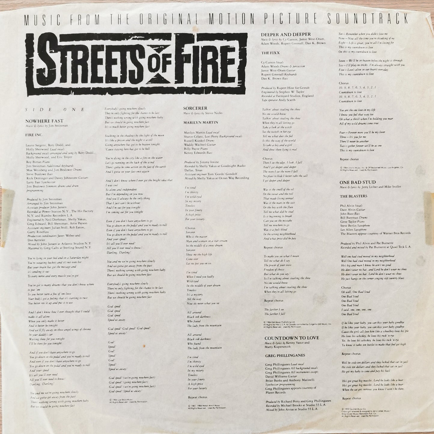 STREETS OF FIRE- Music From The Original Motion Picture Soundtrack