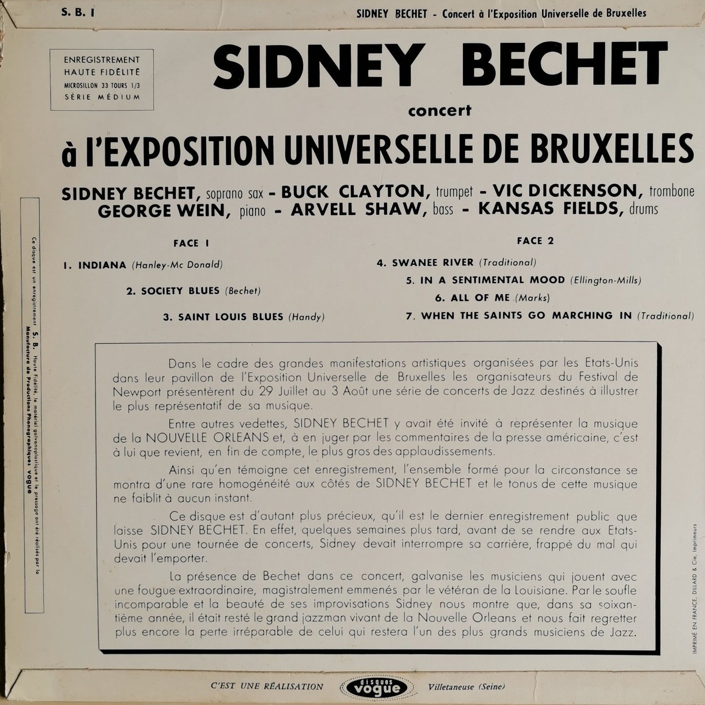 SIDNEY BECHET - Concert A L'Exposition Universelle De Bruxelles